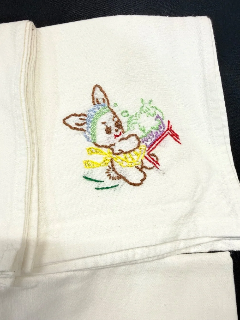 Vintage Hand Embroidered Flour Sack Towels. Playful Anthropomorphic Bunny Design
